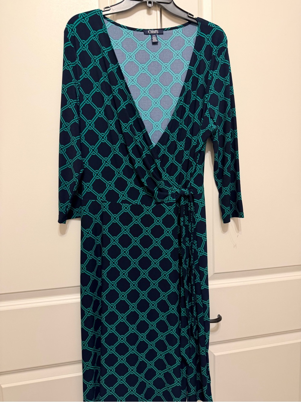 Chaps Navy Wrap Dress with Teal Chain-Link Print